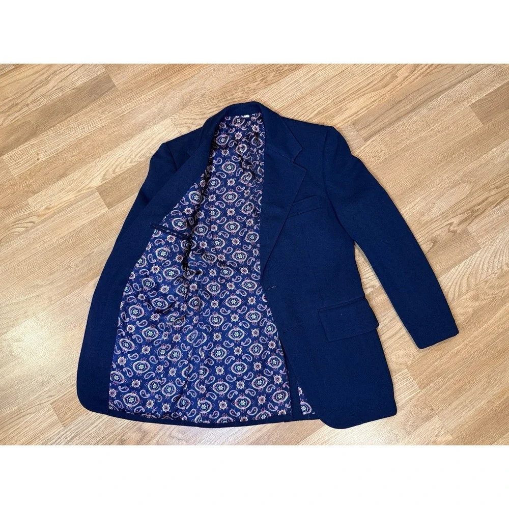 Vintage 70s Men's Polyester Navy Blue 36R Knit Blazer Jacket Textured Old Money